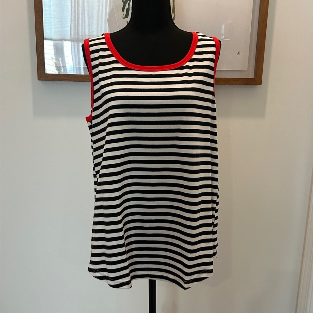 Zesica Large White and Black Striped Stretchy Scoop Neck Tank Top Red Trim